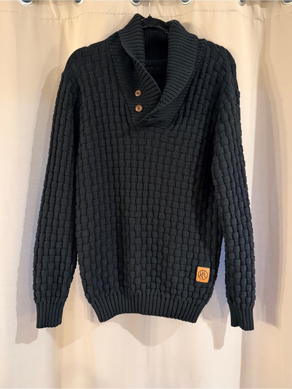 SHEIN Men's Black Textured Shawl Turtleneck Sweater with Button Detail